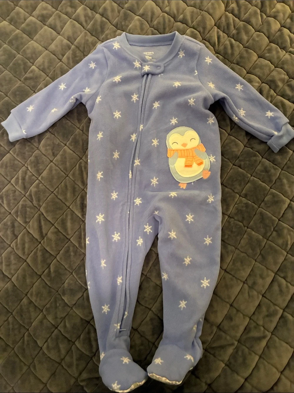 Carter's Light Blue Penguin Applique Fleece Footed One-Piece